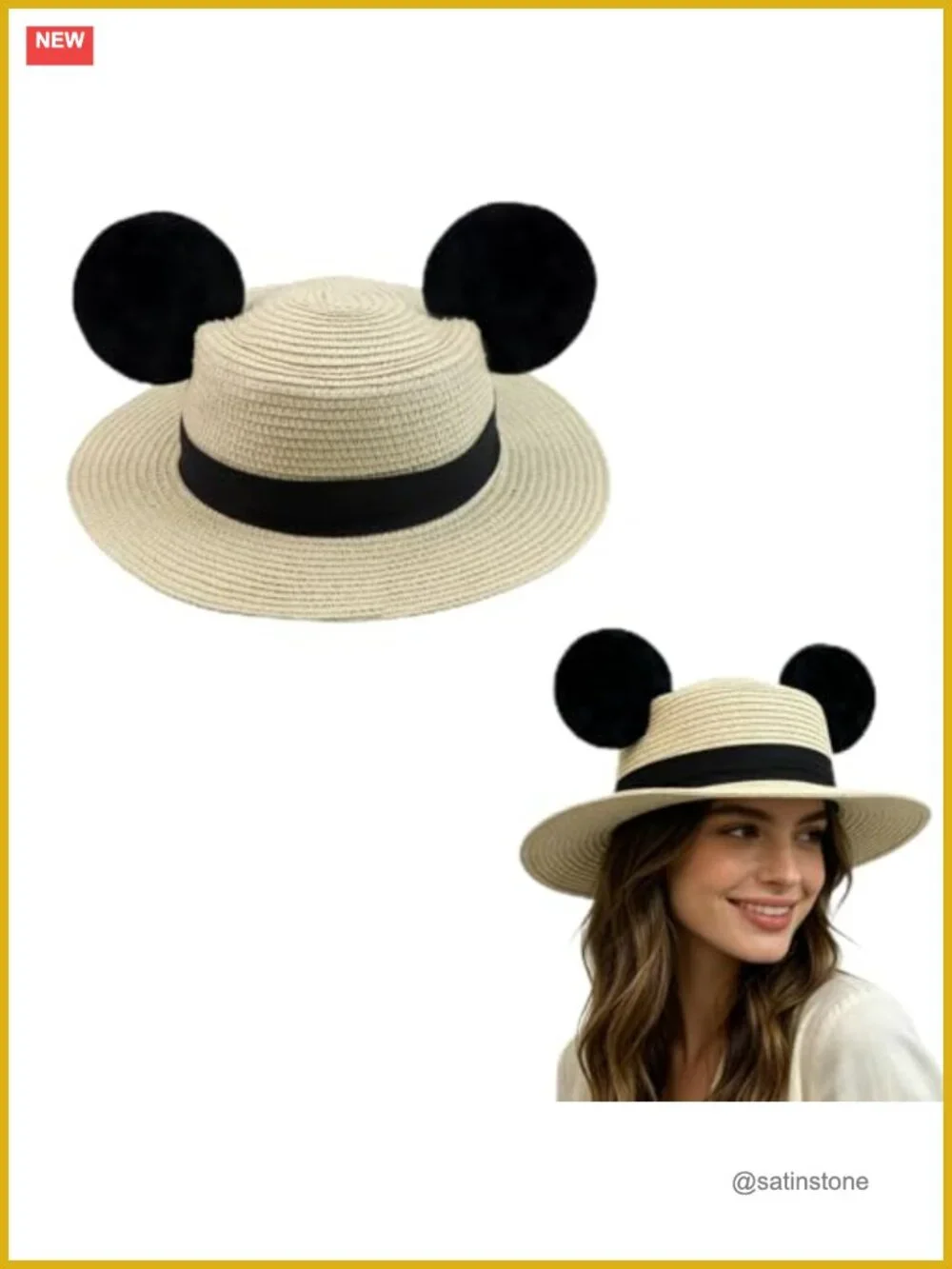 Woven Straw Boater Hat with Mouse Ears, Lightweight Breathable Sun Hat for